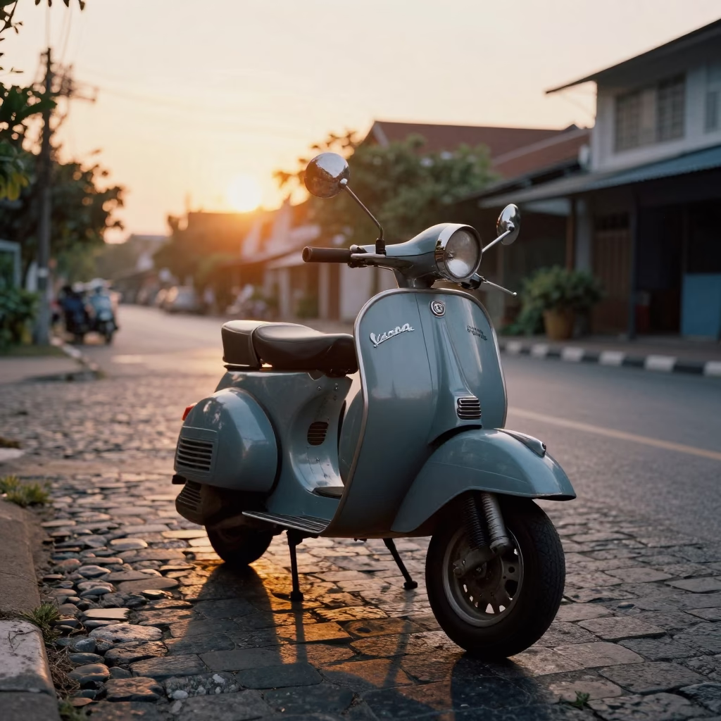 Vintage Vespa Scooter Parked on Cobblestone Lane in Phuket Thailand at Sunset in in Phuket, Thailand