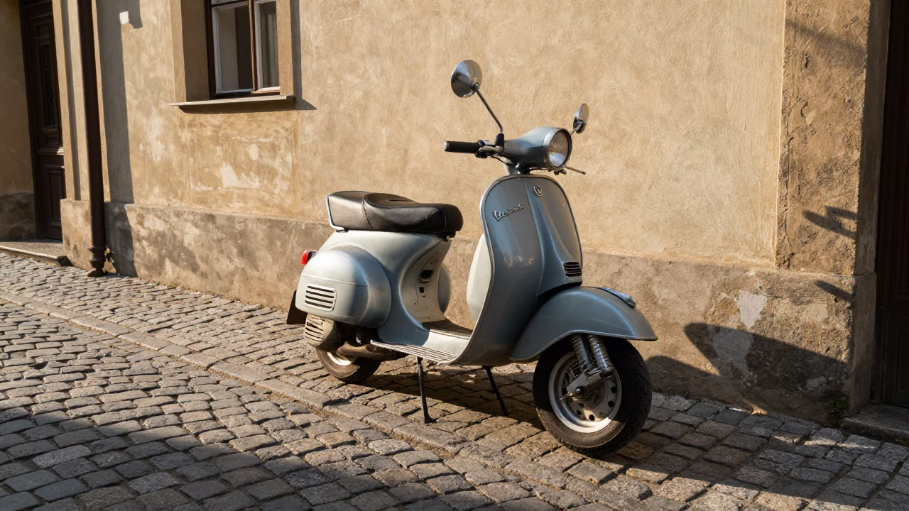 Vintage Vespa Scooter Parked on Cobblestone Lane in Prague Czech Republic Early Afternoon in in Prague, Czech Republic