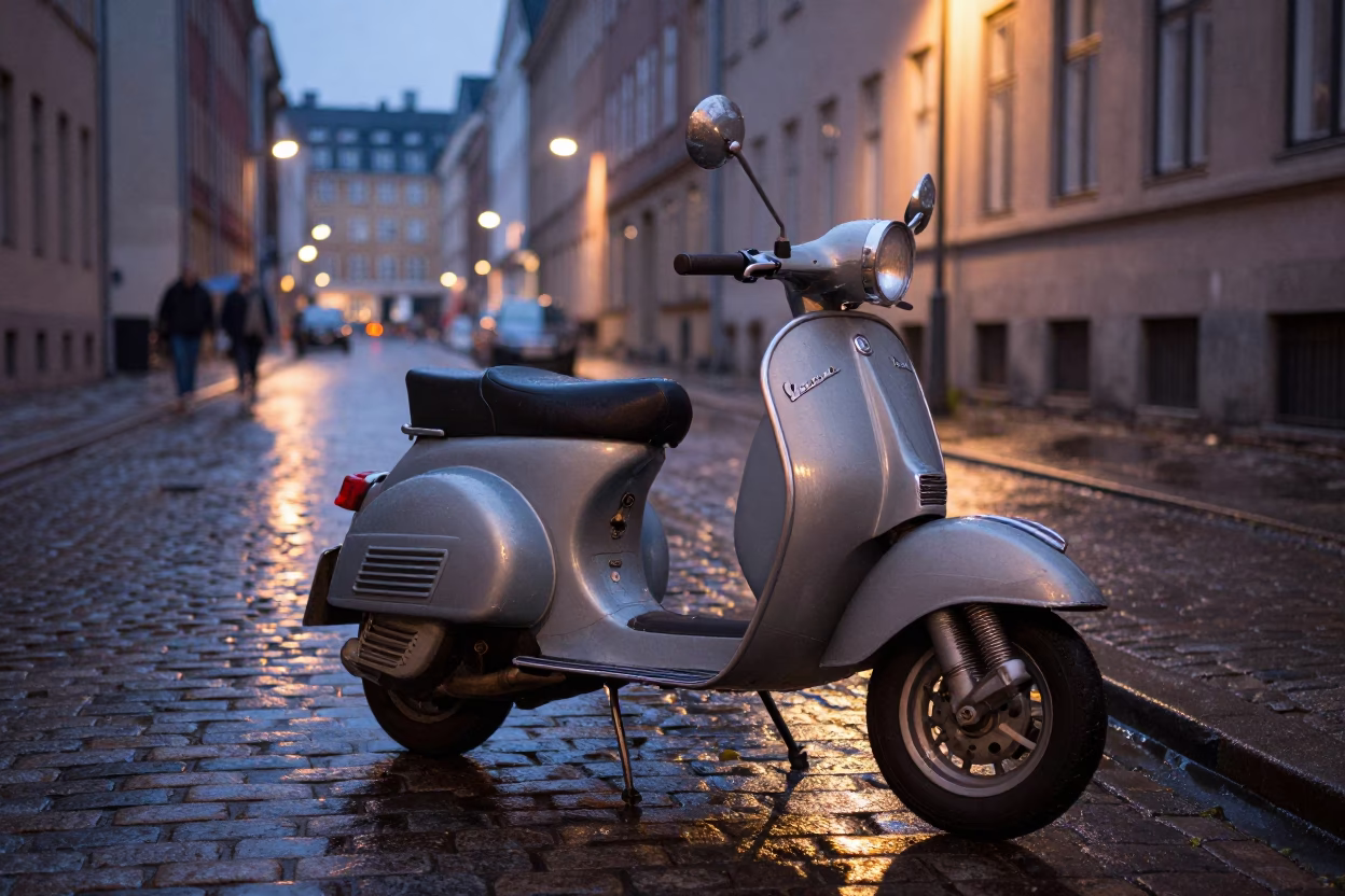 Vintage Vespa Scooter Parked on Cobblestone Lane in Predawn Copenhagen Denmark in in Copenhagen, Denmark