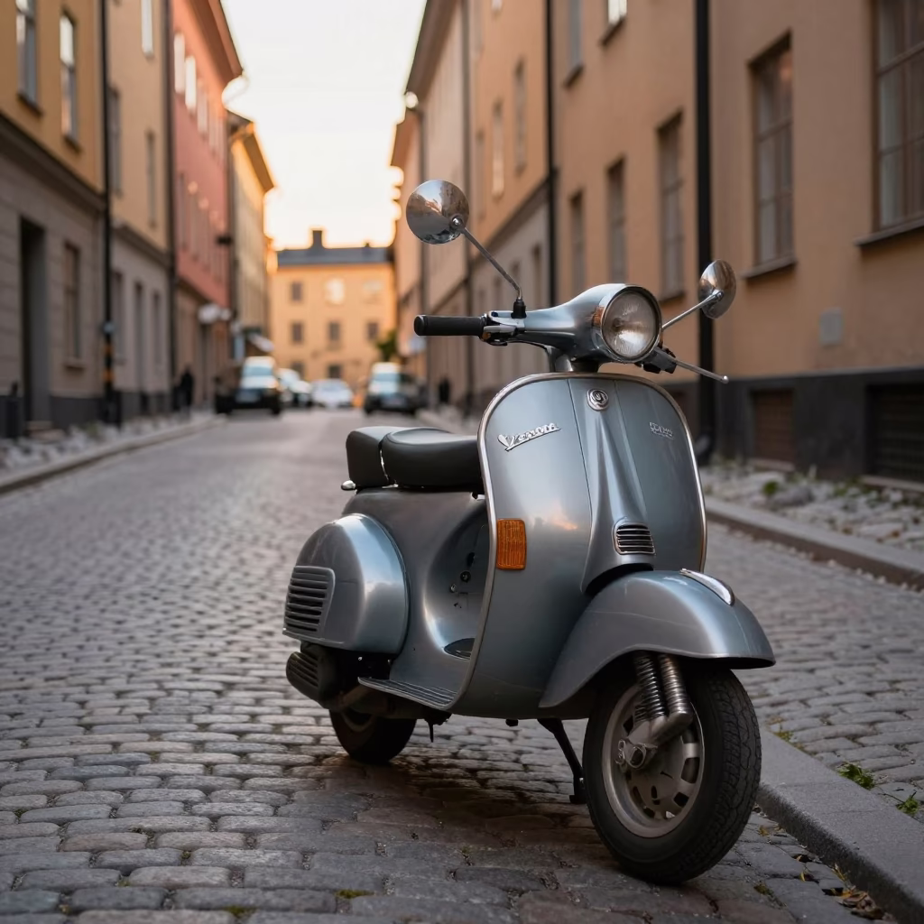 Vintage Vespa Scooter Parked on Cobblestone Lane in Stockholm Sweden at Sunset in in Stockholm, Sweden