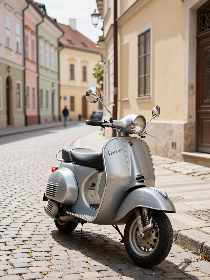 Vintage Vespa Scooter Parked on Cobblestone Street in Budapest Hungary Midmorning Light in in Budapest, Hungary