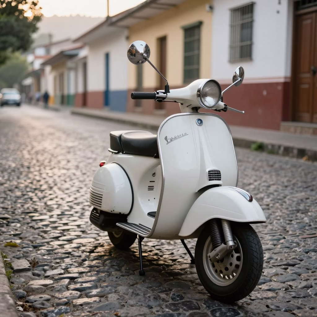 Vintage Vespa Scooter Parked on Cobblestone Street in Early Morning Medellin Colombia in in Medellin, Colombia