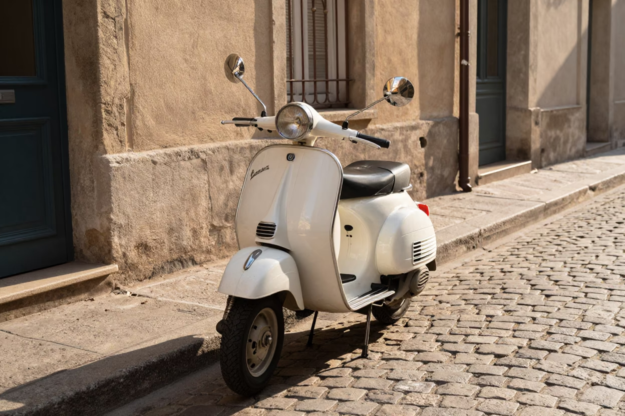 Vintage Vespa Scooter Parked on Cobblestone Street in Lyon France Late Afternoon in in Lyon, France