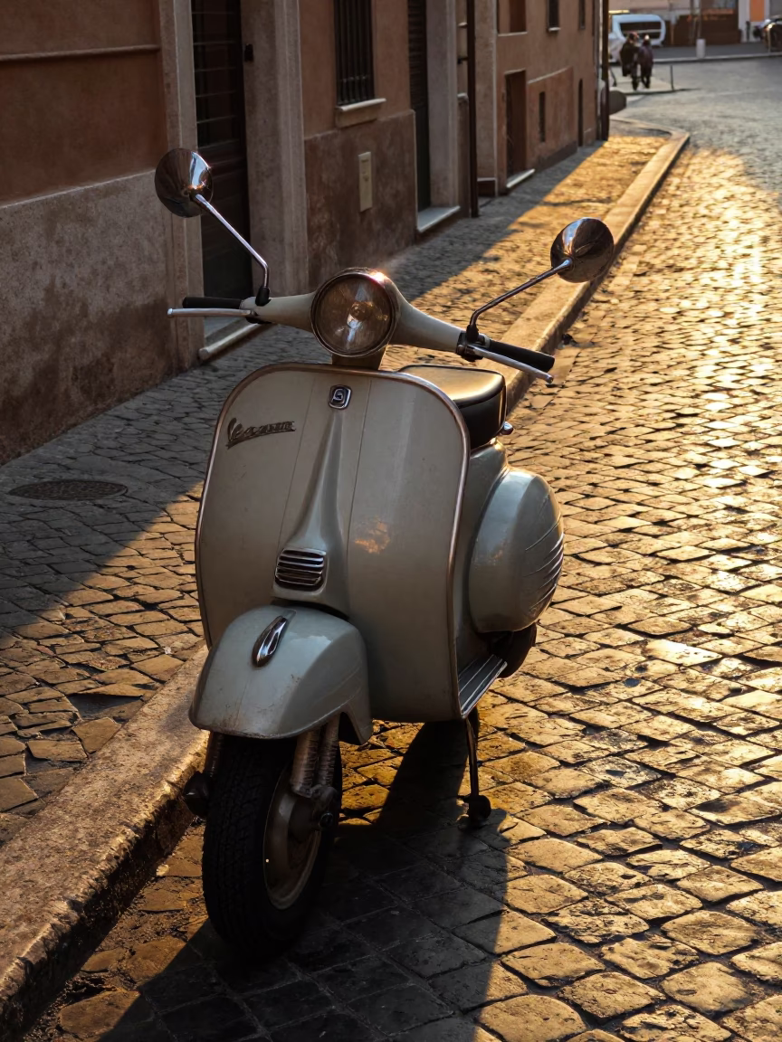 Vintage Vespa Scooter Parked on Roman Cobblestone Street at Sunset in Italy in in Rome, Italy