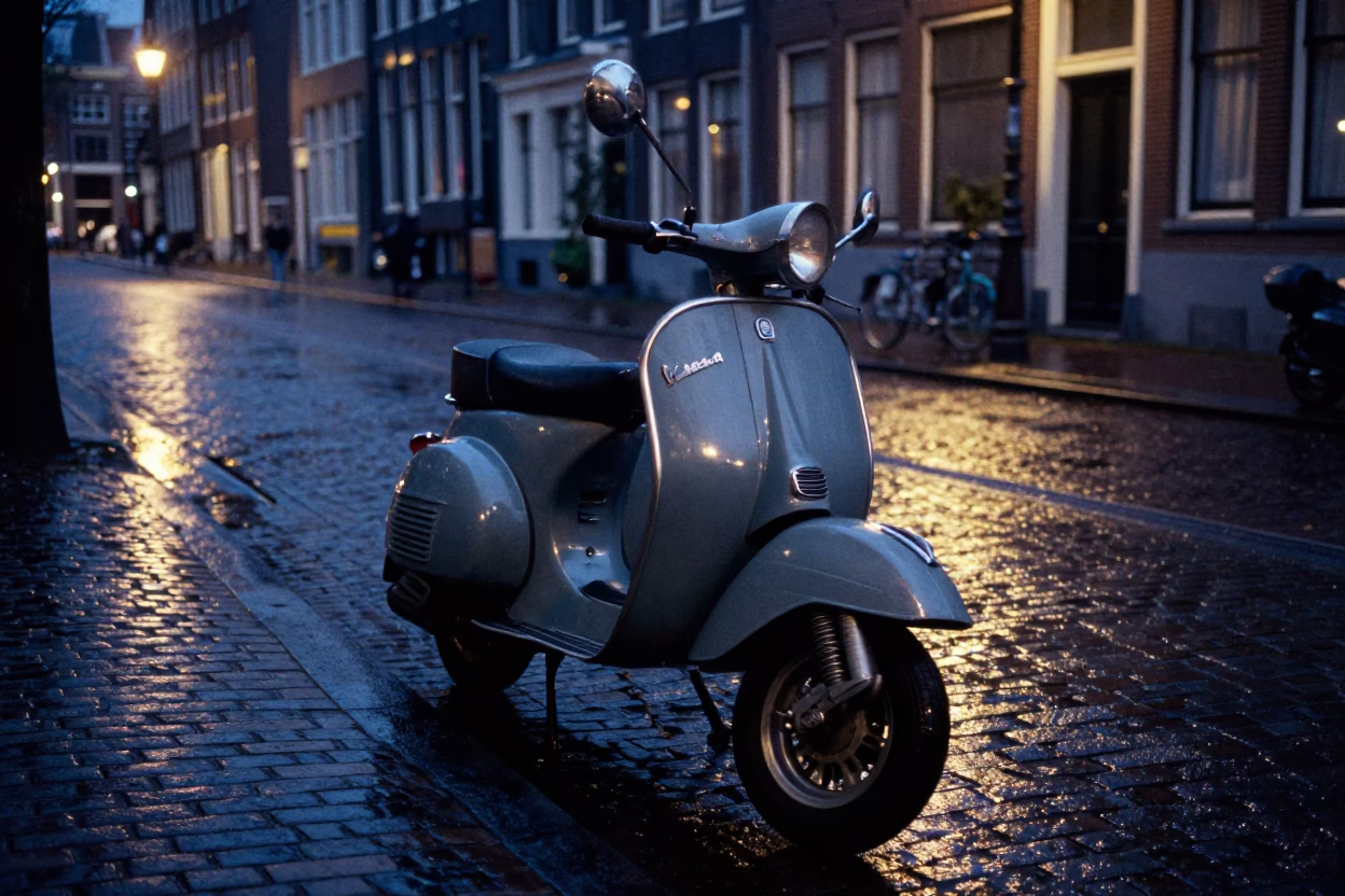 Vintage Vespa Scooter Parked on Wet Cobblestone Lane in Predawn Amsterdam in in Amsterdam, Netherlands