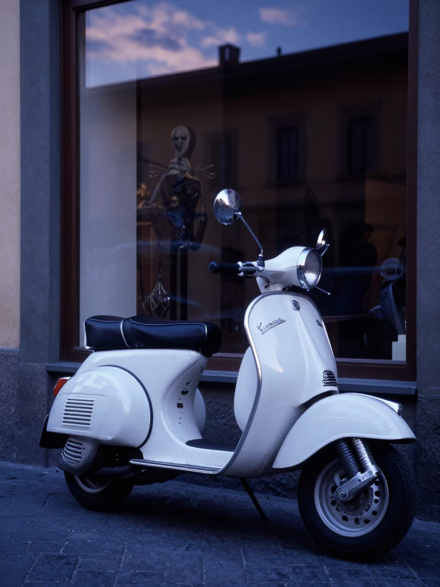 Vintage Vespa Scooter Reflected in Shop Window During Indigo Twilight in Florence Italy in in Florence, Italy