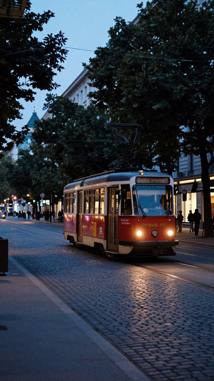 Vintage Vienna Dawn Street Scene with Tramcar and Cobblestone Architecture in in Vienna, Austria