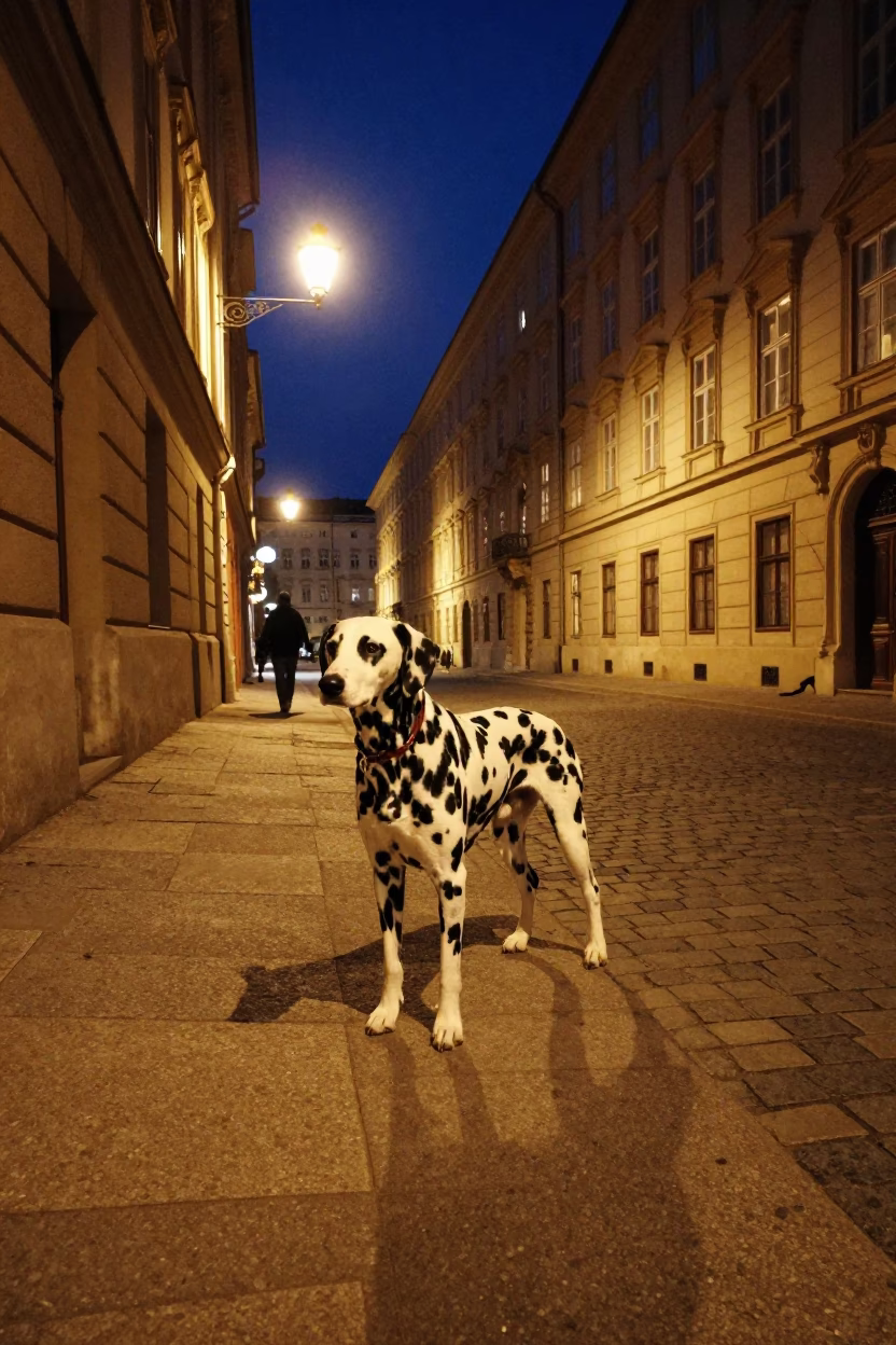 Vintage Vienna Night Street Scene with Dalmatian and Local Interaction in in Vienna, Austria