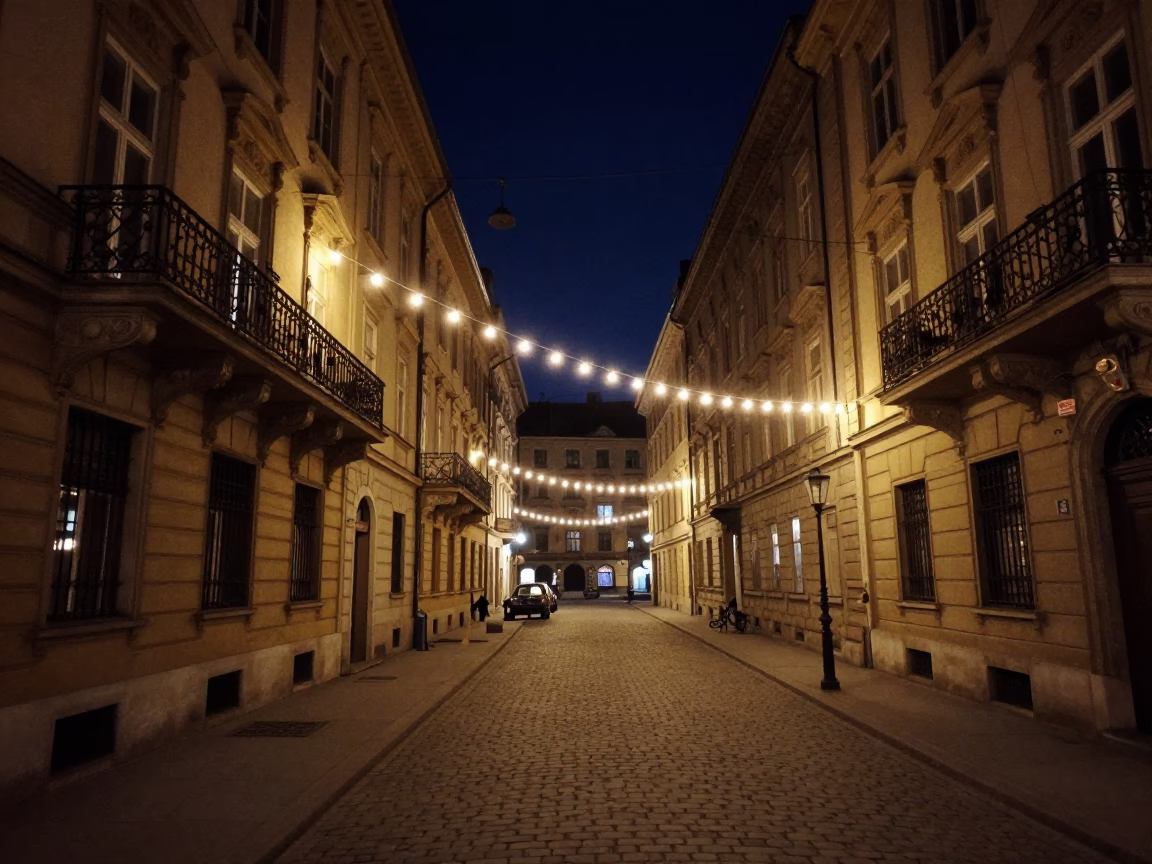 Vintage Vienna Night Street Scene with String Lights and Historic Architecture in in Vienna, Austria