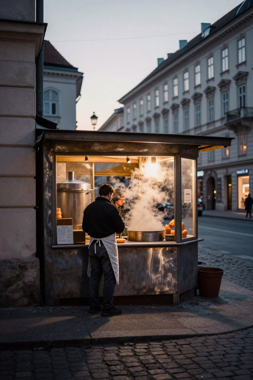 Vintage Vienna Street Scene at Dawn with Brushed Steel Pitcher and Measuring Cup in in Vienna, Austria