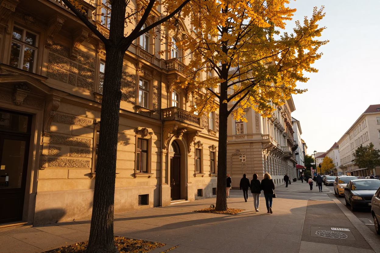 Vintage Vienna Street Scene at Sunset with Ginkgo Leaves and Classic Cars in in Vienna, Austria