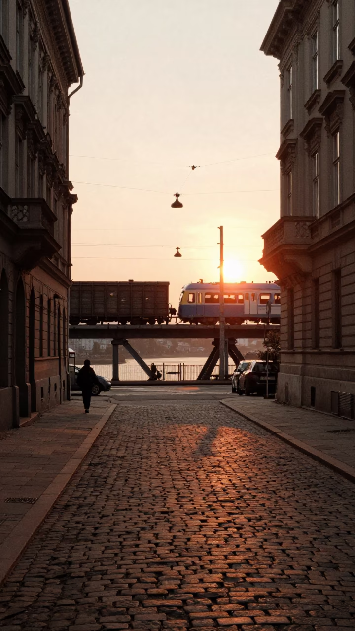 Vintage Vienna Street Scene at Sunset with Substation and Train in Distance in in Vienna, Austria