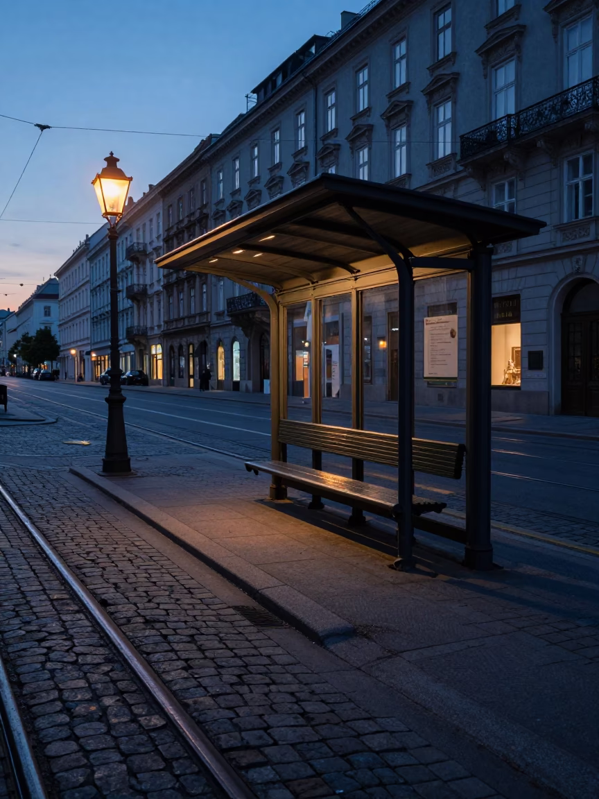 Vintage Vienna Street Scene Before Sunrise with Tram Tracks and Early Commuters in in Vienna, Austria