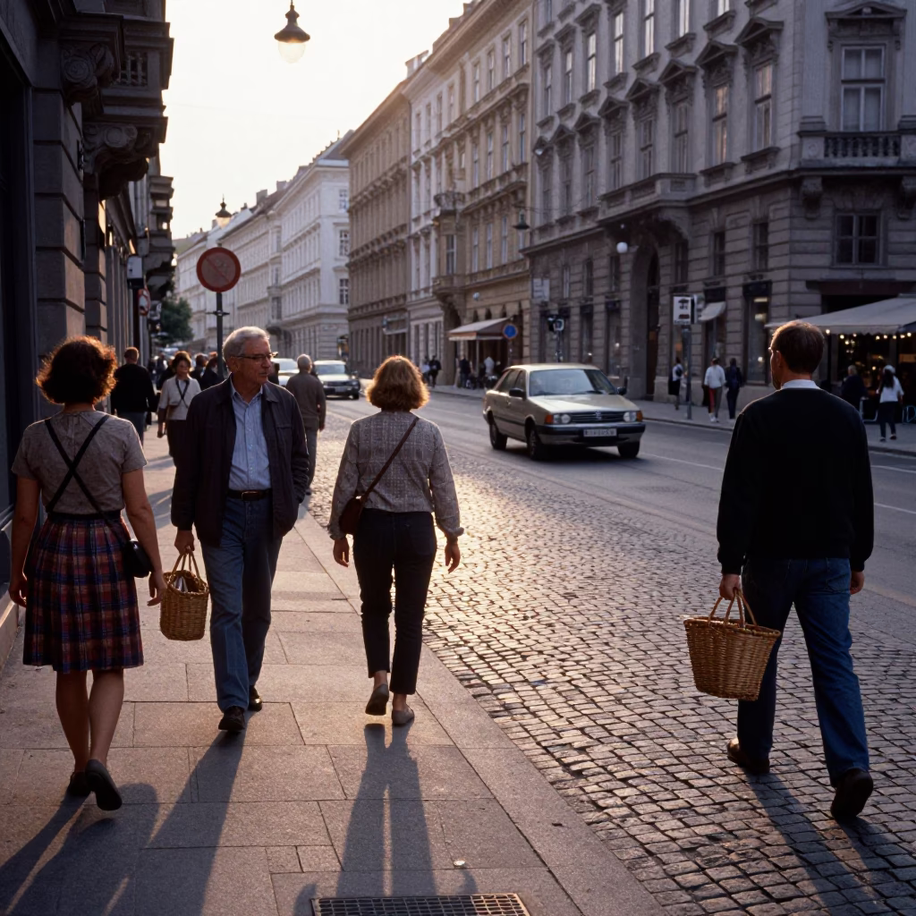 Vintage Vienna Street Scene Late Afternoon Pedestrians and Wicker Shadows in in Vienna, Austria