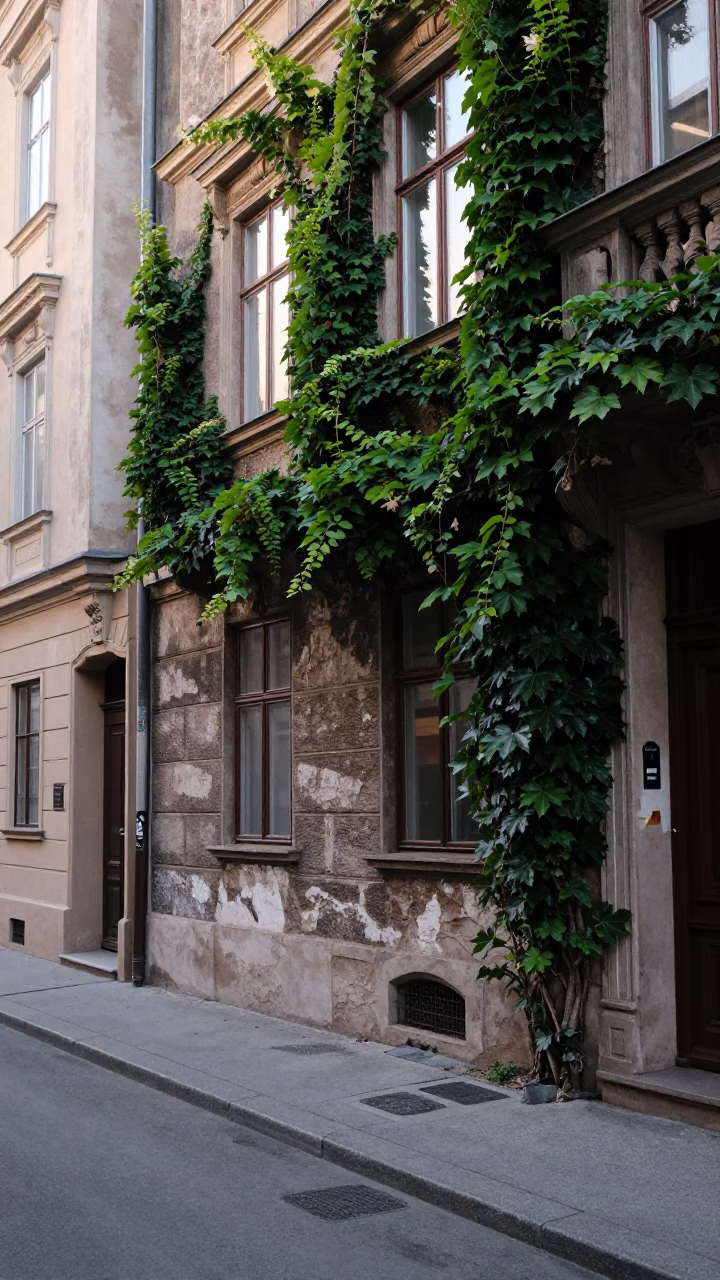 Vintage Vienna Street Scene Late Morning with Ivy Vines and Birdhouse in in Vienna, Austria