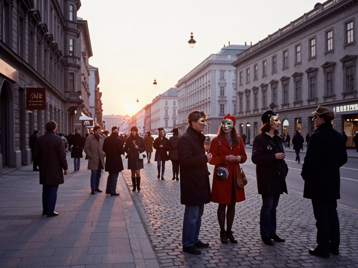 Vintage Vienna Street Scene with Fasching Carnival Masks at Sunset in in Vienna, Austria