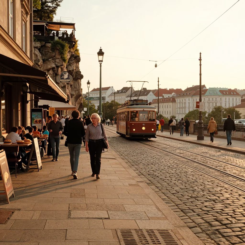 Vintage Vienna Street Scene with Funicular and Traditional Pastries at Sunset in in Vienna, Austria