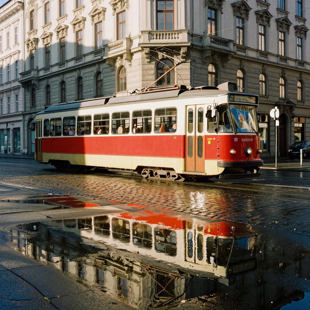 Vintage Vienna Tram Reflection on Wet Cobblestones in Clear Late Afternoon Light in in Vienna, Austria