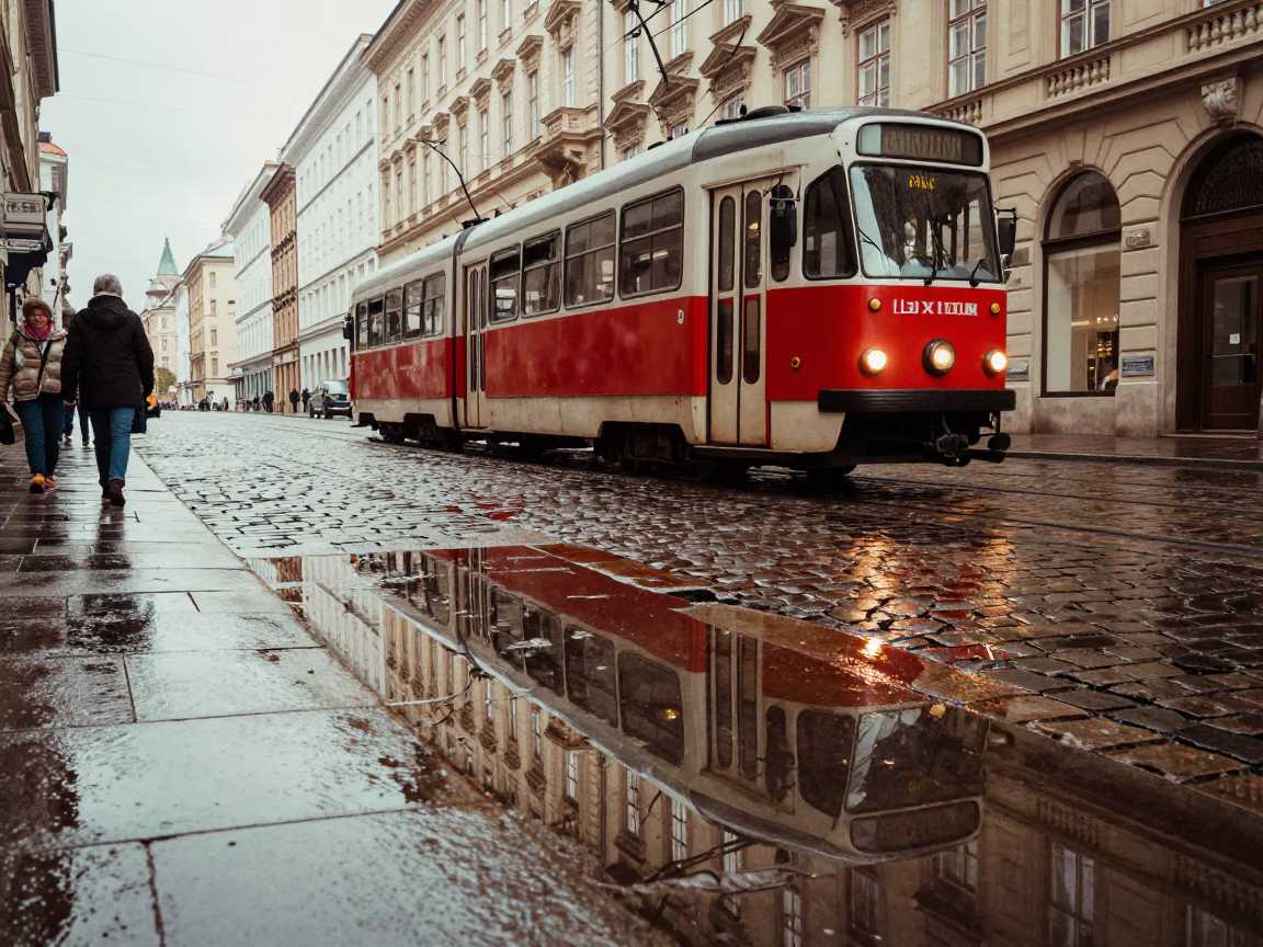 Vintage Vienna Tram Reflections in Rain Puddles Cobblestone Street Scene in in Vienna, Austria