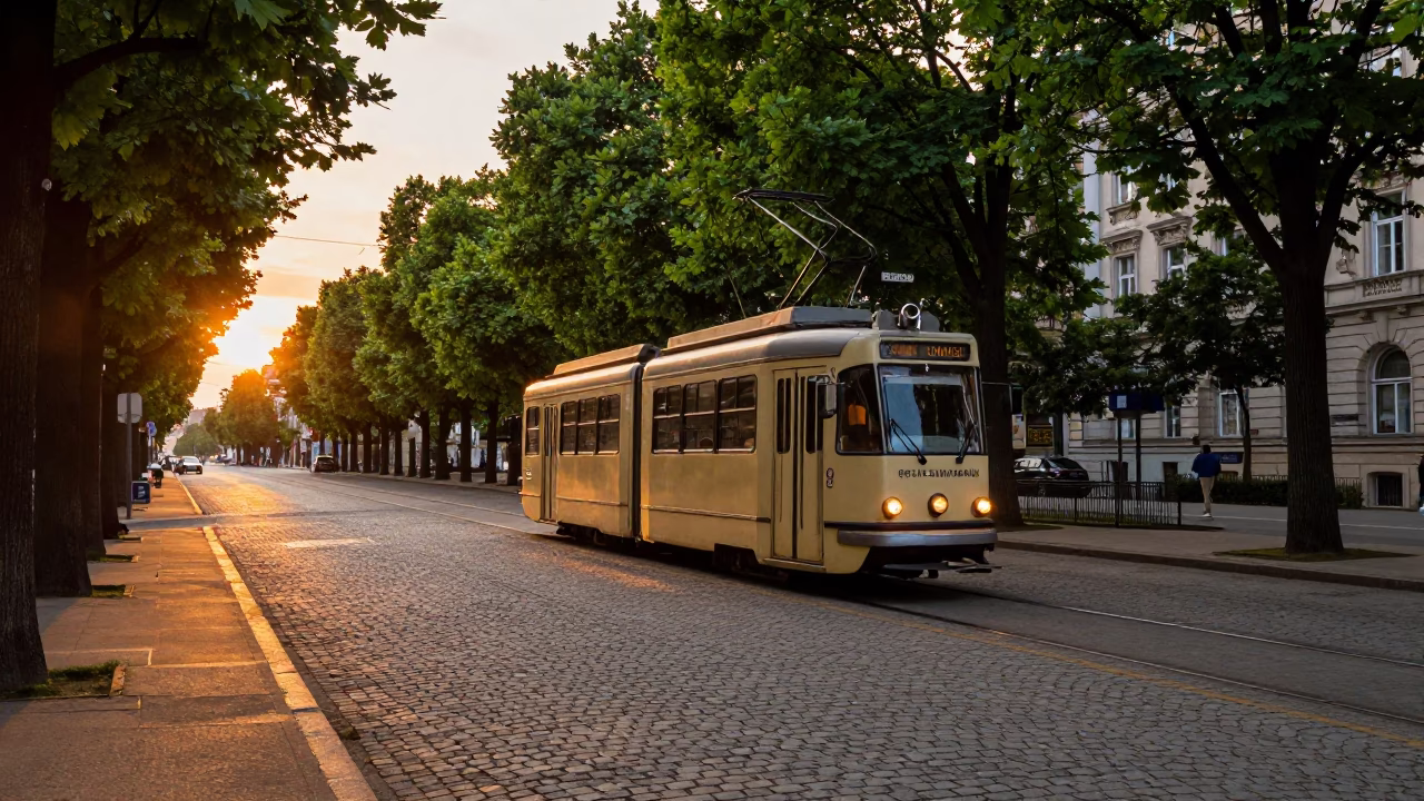 Vintage Vienna Tramcar Passing Tree-Lined Boulevard at Sunset with Scarf Wearing Pedestrian in in Vienna, Austria