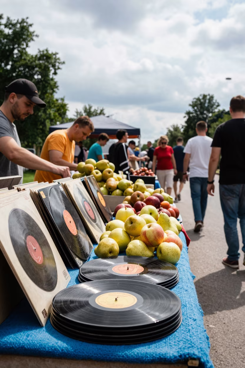 Vintage Vinyl Records at Kyiv Fruit Stand in at a roadside fruit stand in Kyiv