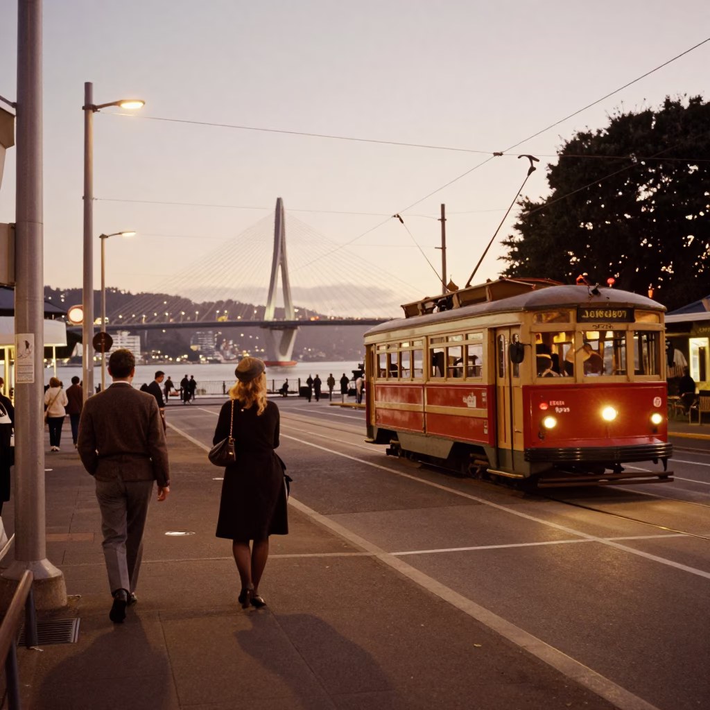 Vintage Wellington Evening Street Scene with Tram and Harbor Lights in in Wellington, New Zealand