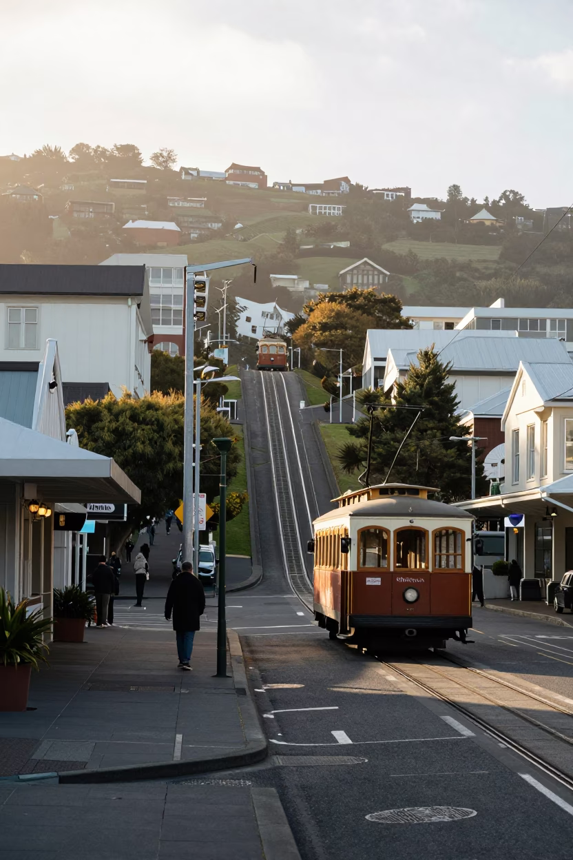 Vintage Wellington Morning Street Scene with Funicular and Local Life in in Wellington, New Zealand