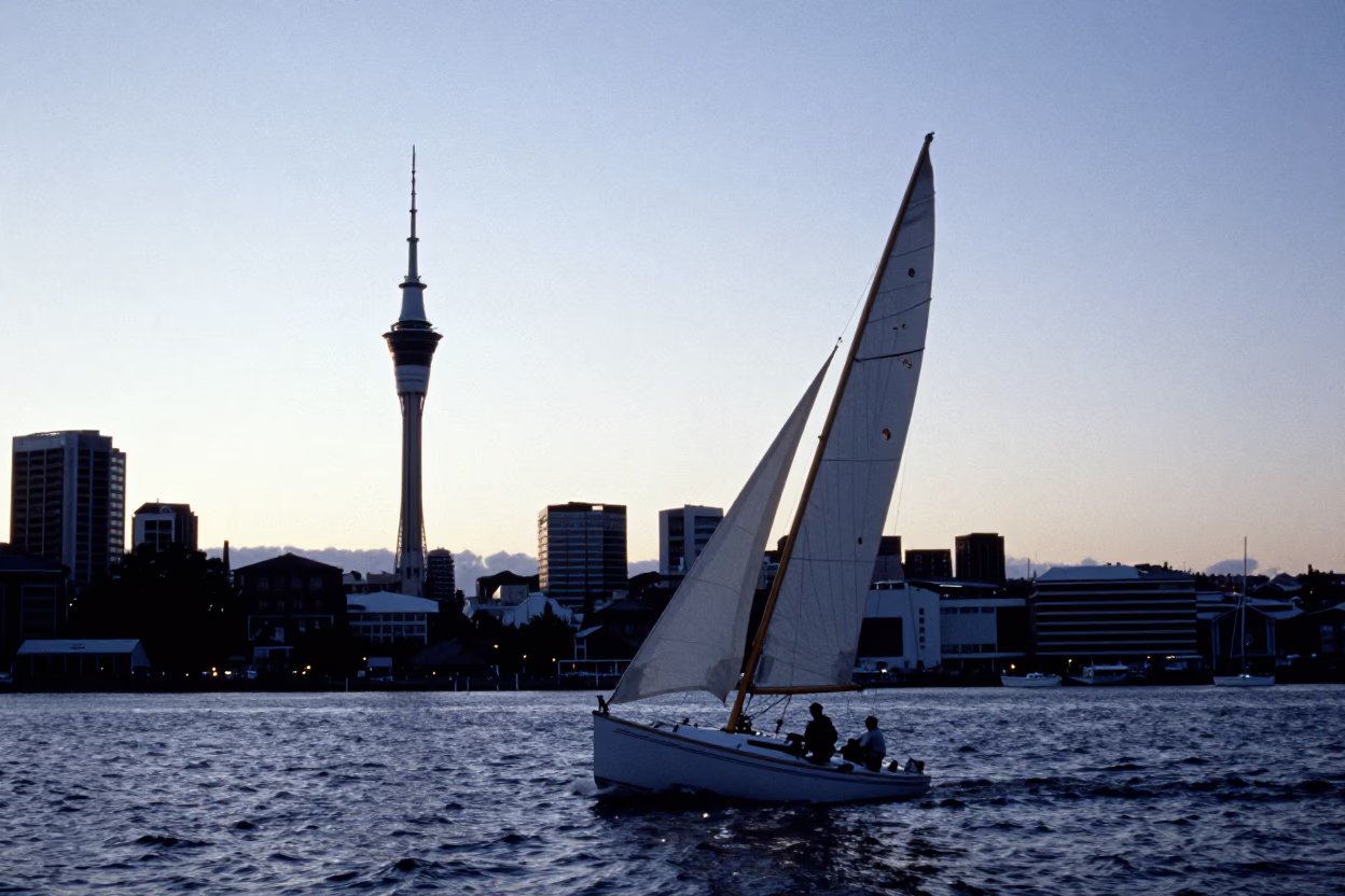 Vintage Wellington New Zealand Harbor Scene at Nautical Dawn with Sailing Activity in in Wellington, New Zealand