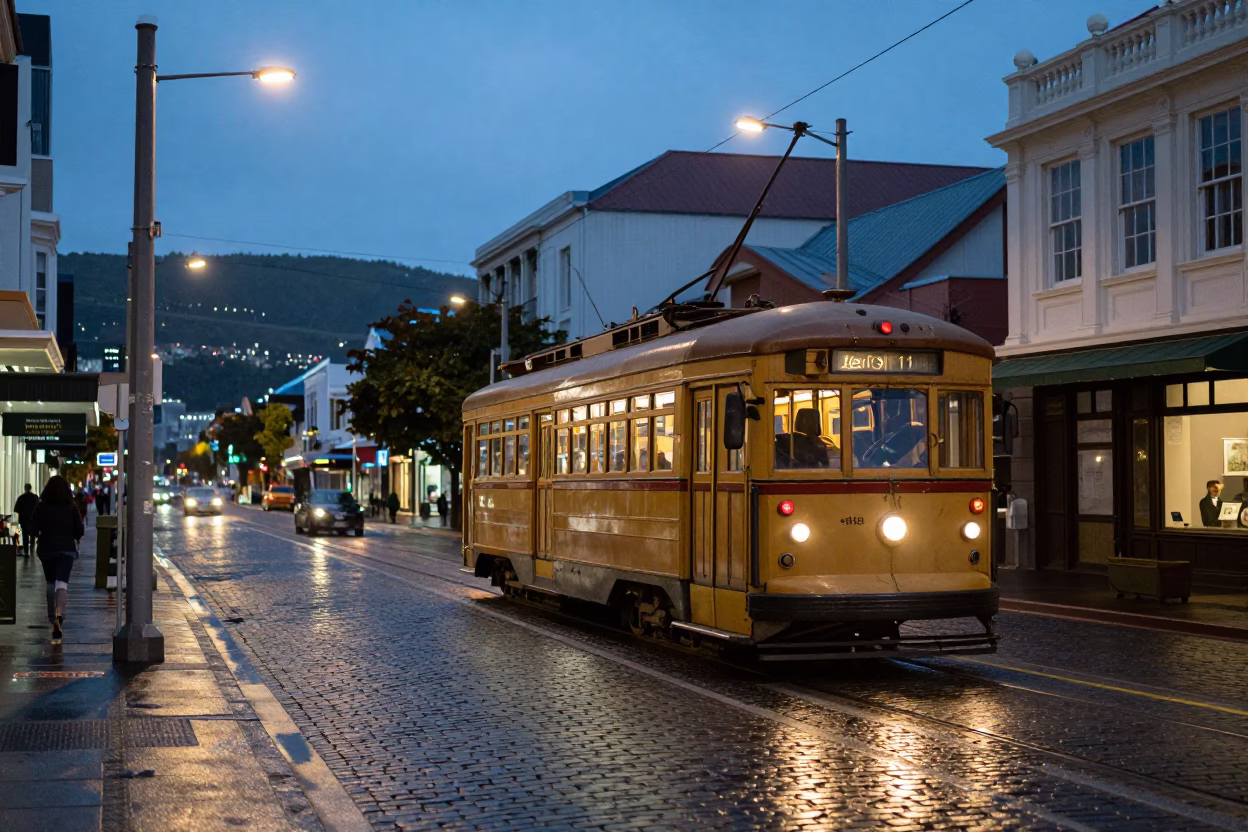 Vintage Wellington Street Scene at Dusk with Tram and Magnolia Blossoms in in Wellington, New Zealand