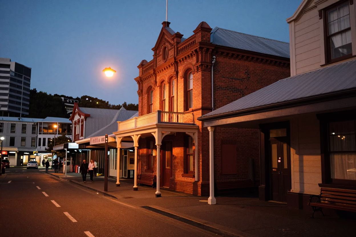 Vintage Wellington Street Scene Copper Light Before Dusk with Local Life in in Wellington, New Zealand