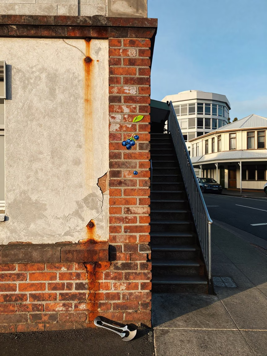 Vintage Wellington Street Scene Late Morning with Blueberries and Rust Details in in Wellington, New Zealand
