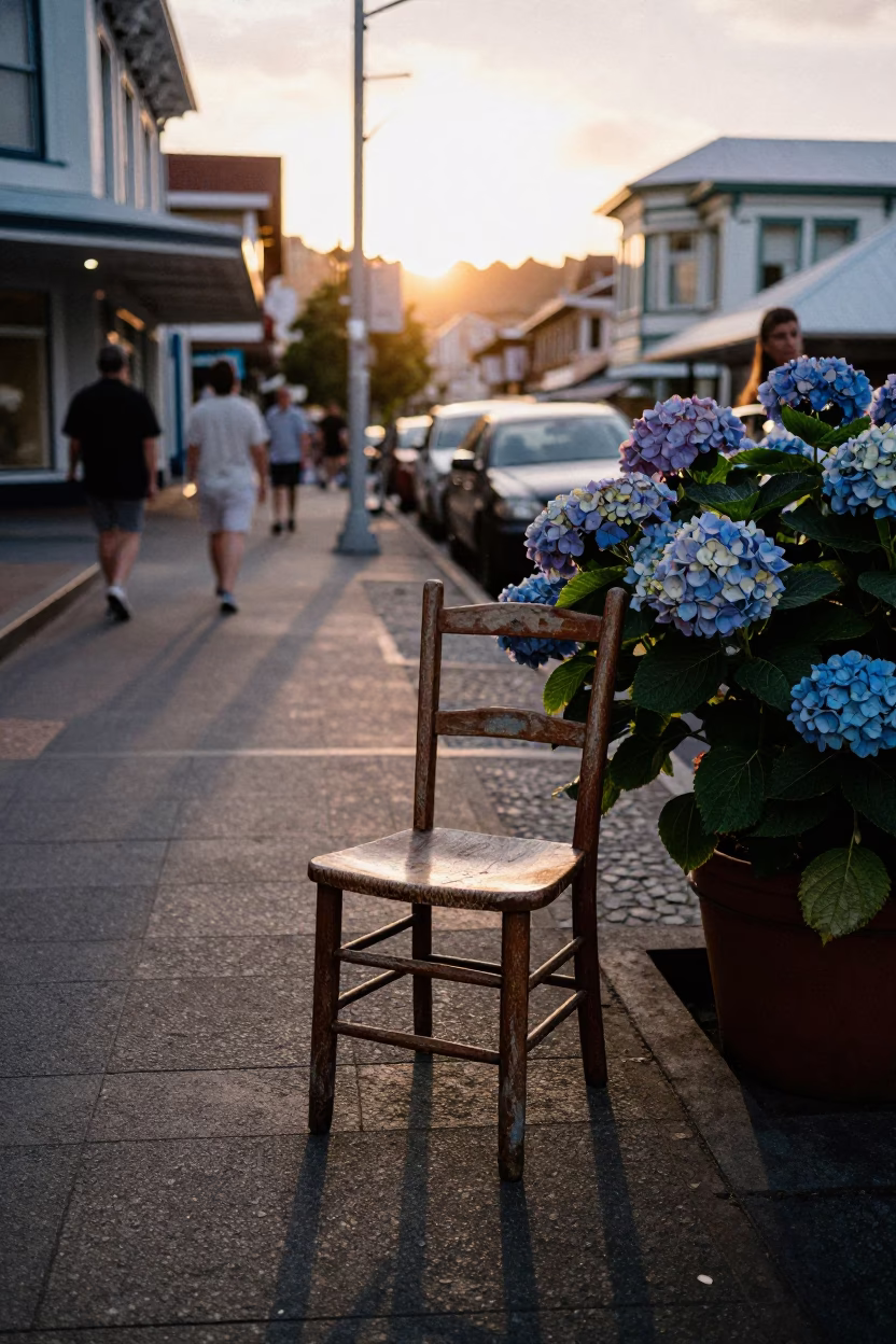 Vintage Wellington Street Scene with Ladder-Back Chair and Hydrangea Bush at Sunset in in Wellington, New Zealand