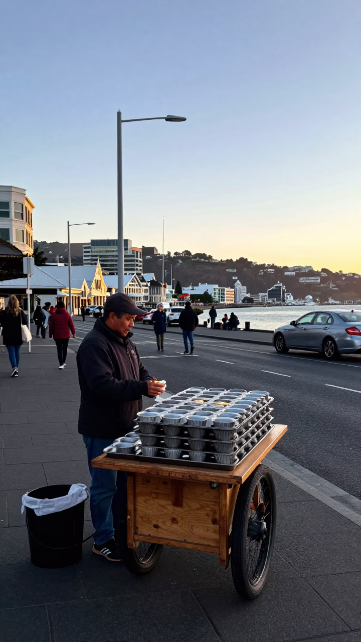 Vintage Wellington Street Scene with Muffin Tins and Morning Light in in Wellington, New Zealand