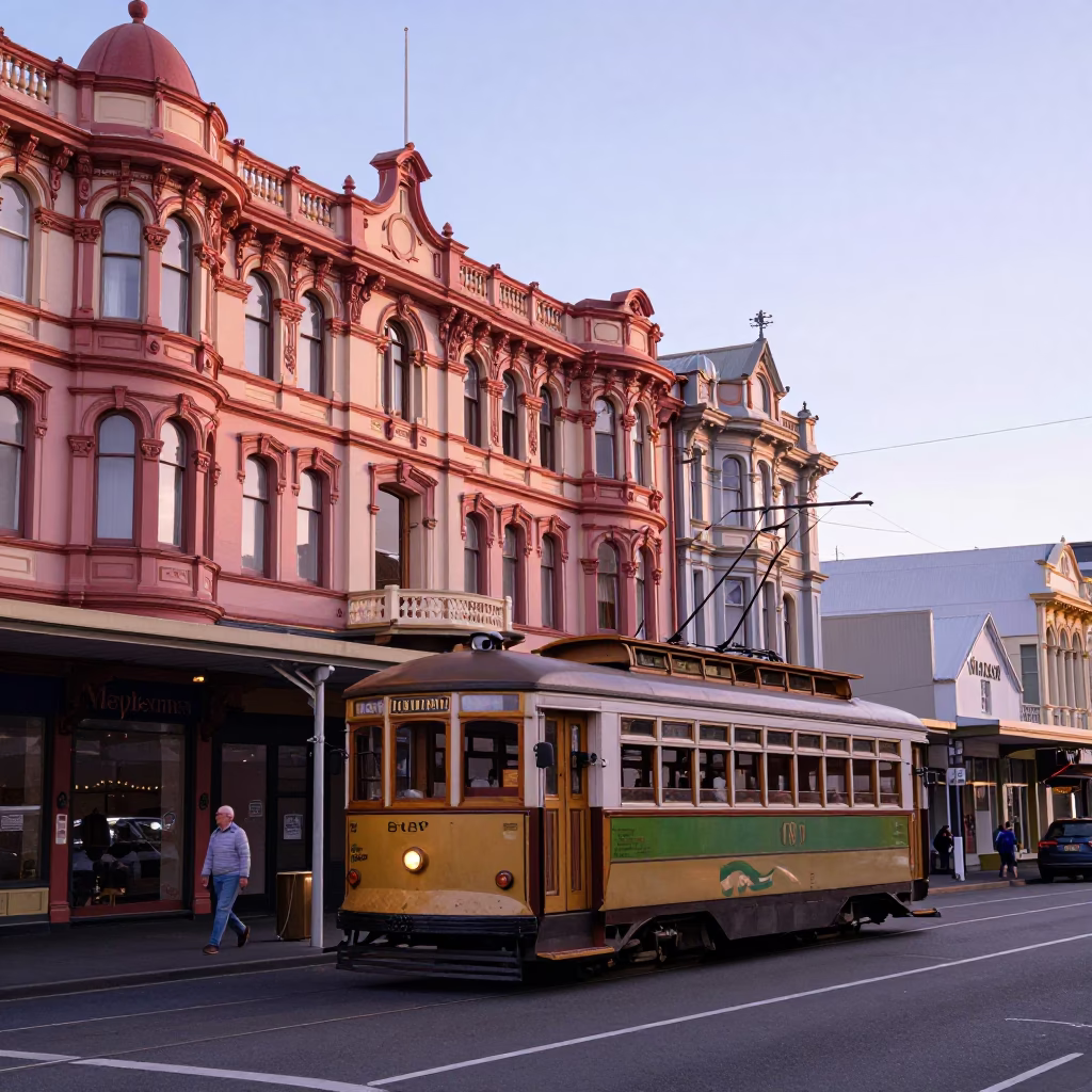 Vintage Wellington Tram Passing Art Nouveau Facades in Early Morning First Light in in Wellington, New Zealand