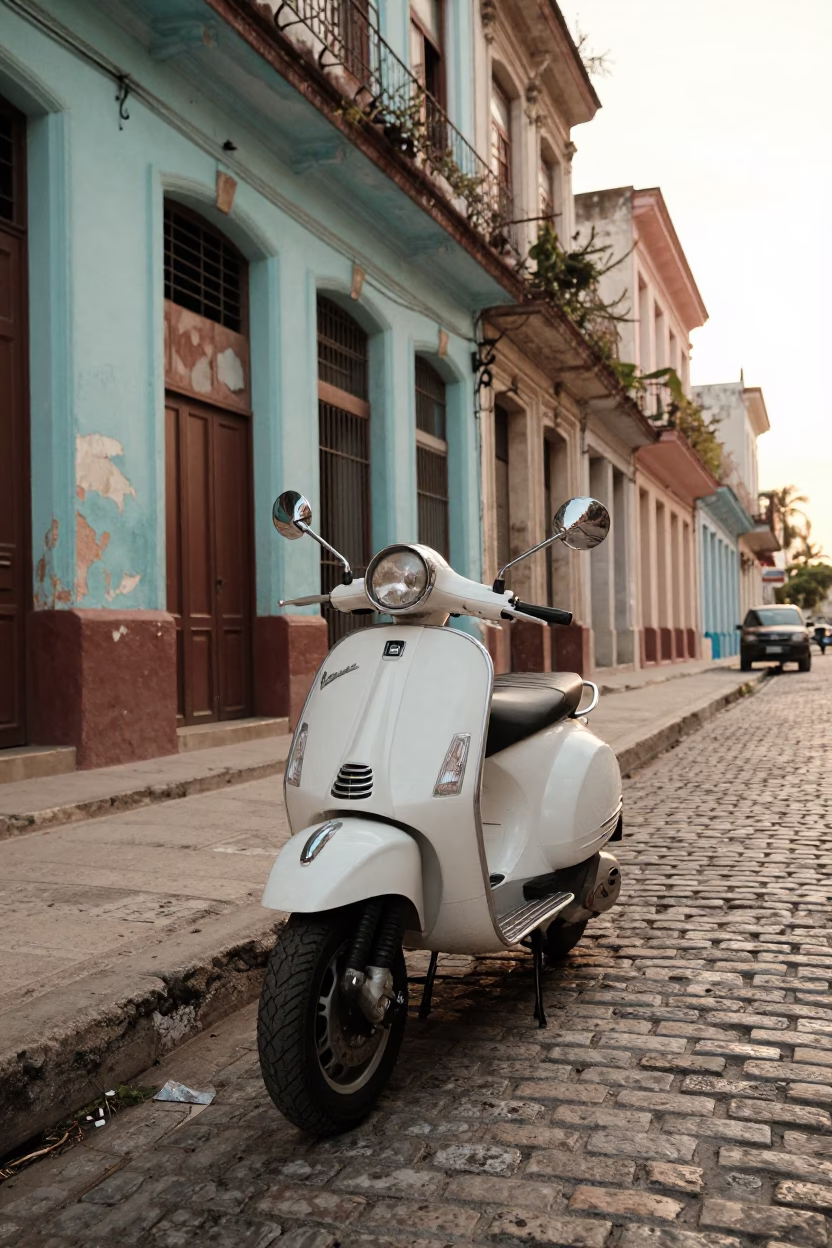 Vintage White Vespa Parked On Cobblestone Street In Havana Cuba At Sunset in in Havana, Cuba