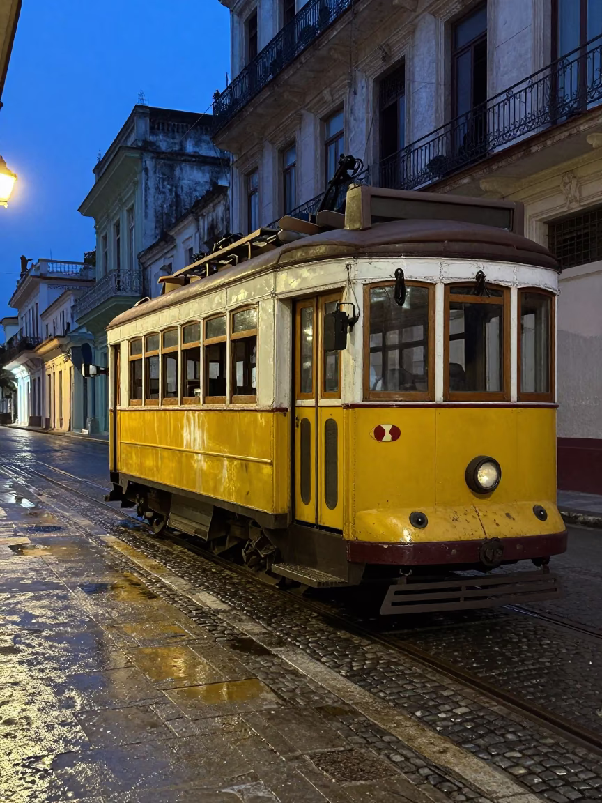 Vintage Yellow Havana Tram on Cobblestone Street at Predawn in Cuba in in Havana, Cuba