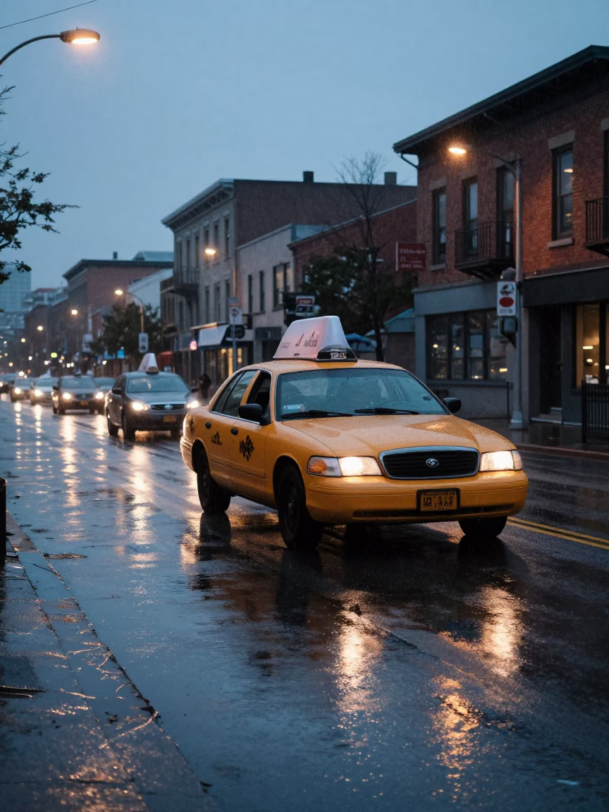 Vintage Yellow Taxi in Pre-Dawn Rain on Toronto Street Near CN Tower in in Toronto, Ontario, Canada
