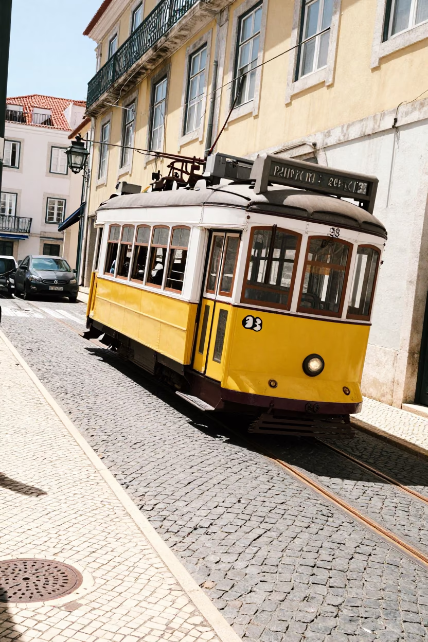 Vintage Yellow Tram Climbing Steep Cobblestone Hill in Lisbon Portugal Bright Midmorning Light in in Lisbon, Portugal