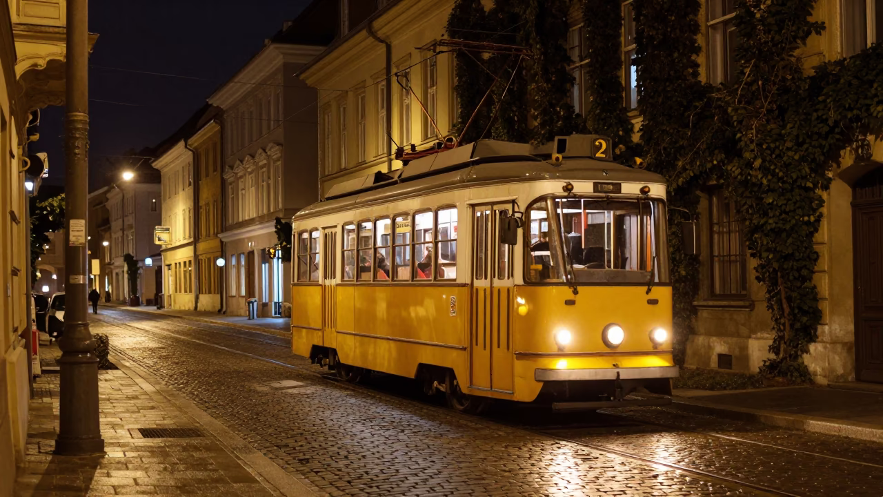Vintage Yellow Tram on Cobblestone Street in Budapest at Night with Ivy and Streetlights in in Budapest, Hungary
