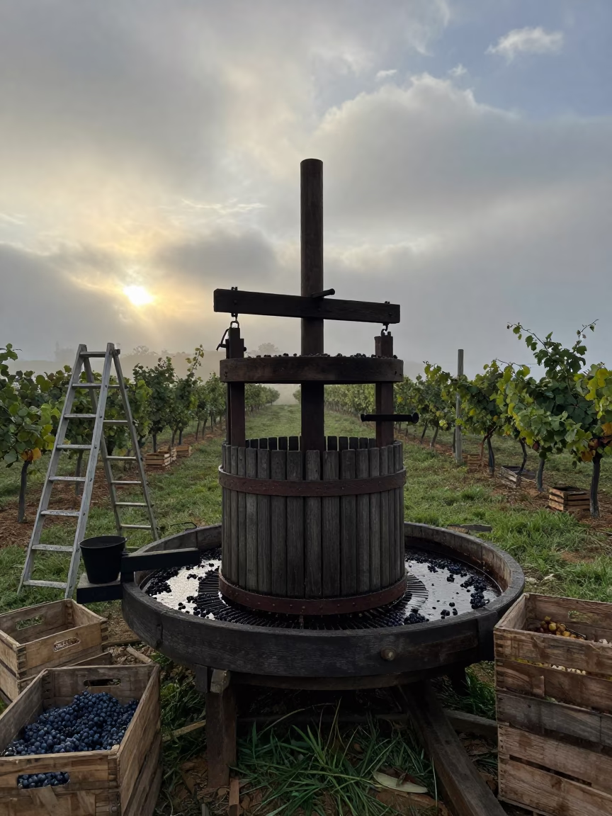 Vintner Pressing Grapes at Dawn in Ouro Preto Orchard in among orchard ladders and crates in Ouro Preto