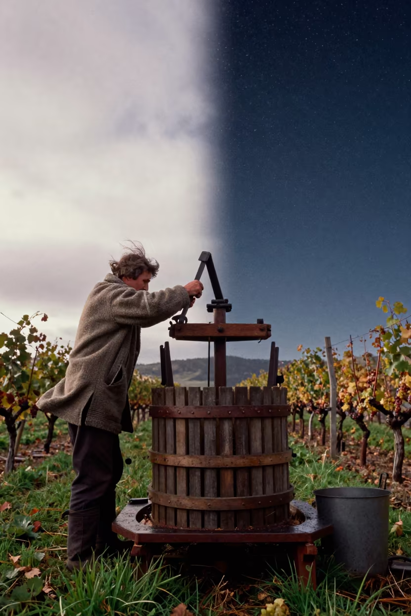 Vintner Pressing Grapes Under Split Sky in across a harvested grain field in New Zealand