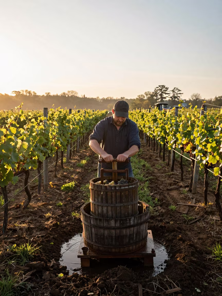 Vintner Pressing Grapes in Wooden Basket Press in beside a tractor track through dark soil in North Carolina