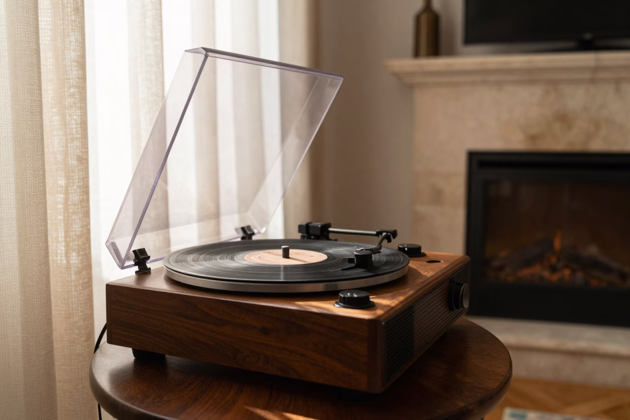 Vinyl Record Spinning by Fireplace Madrid in by a crackling fireplace in Madrid
