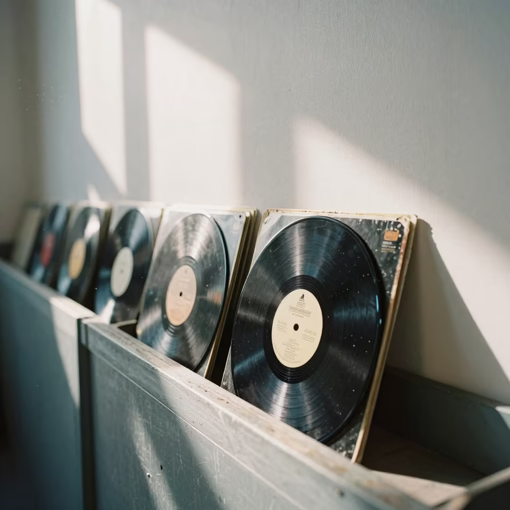 Vinyl Records on Beijing Pier Railing in on a pier railing in Beijing