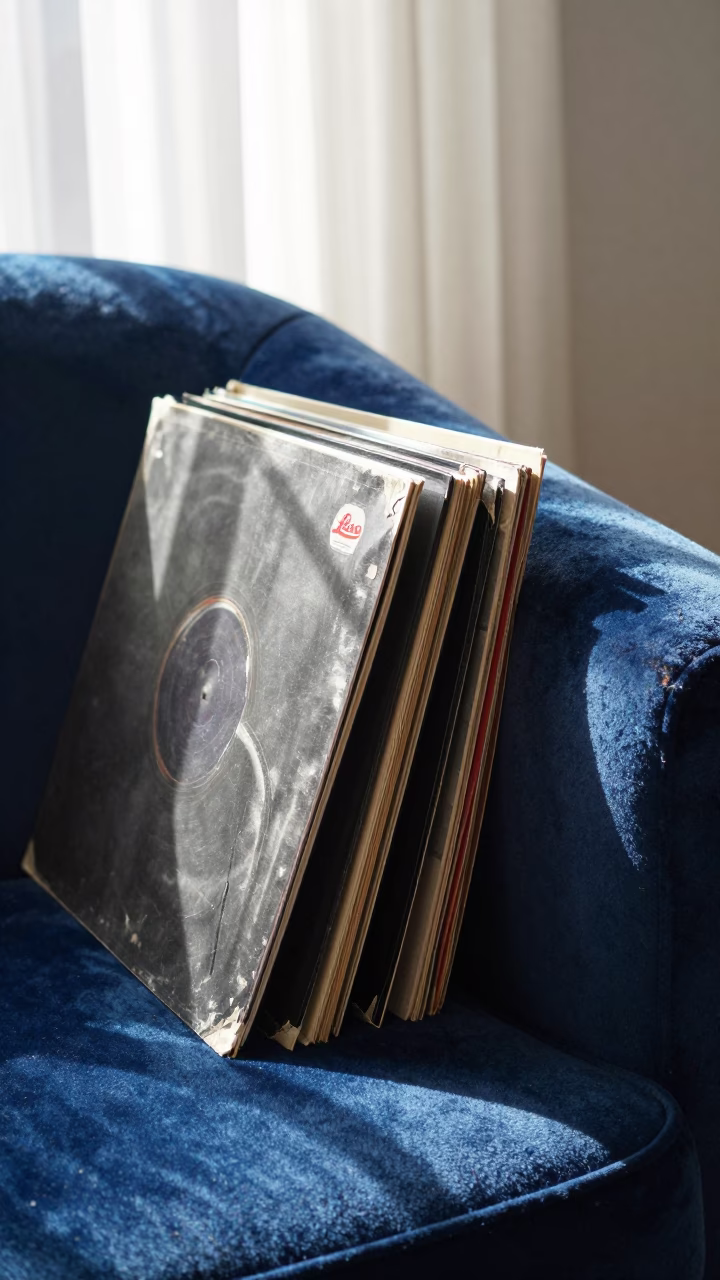 Vinyl Records on Blue Velvet Chair in Winter Light in on a velvet chair near Johannesburg
