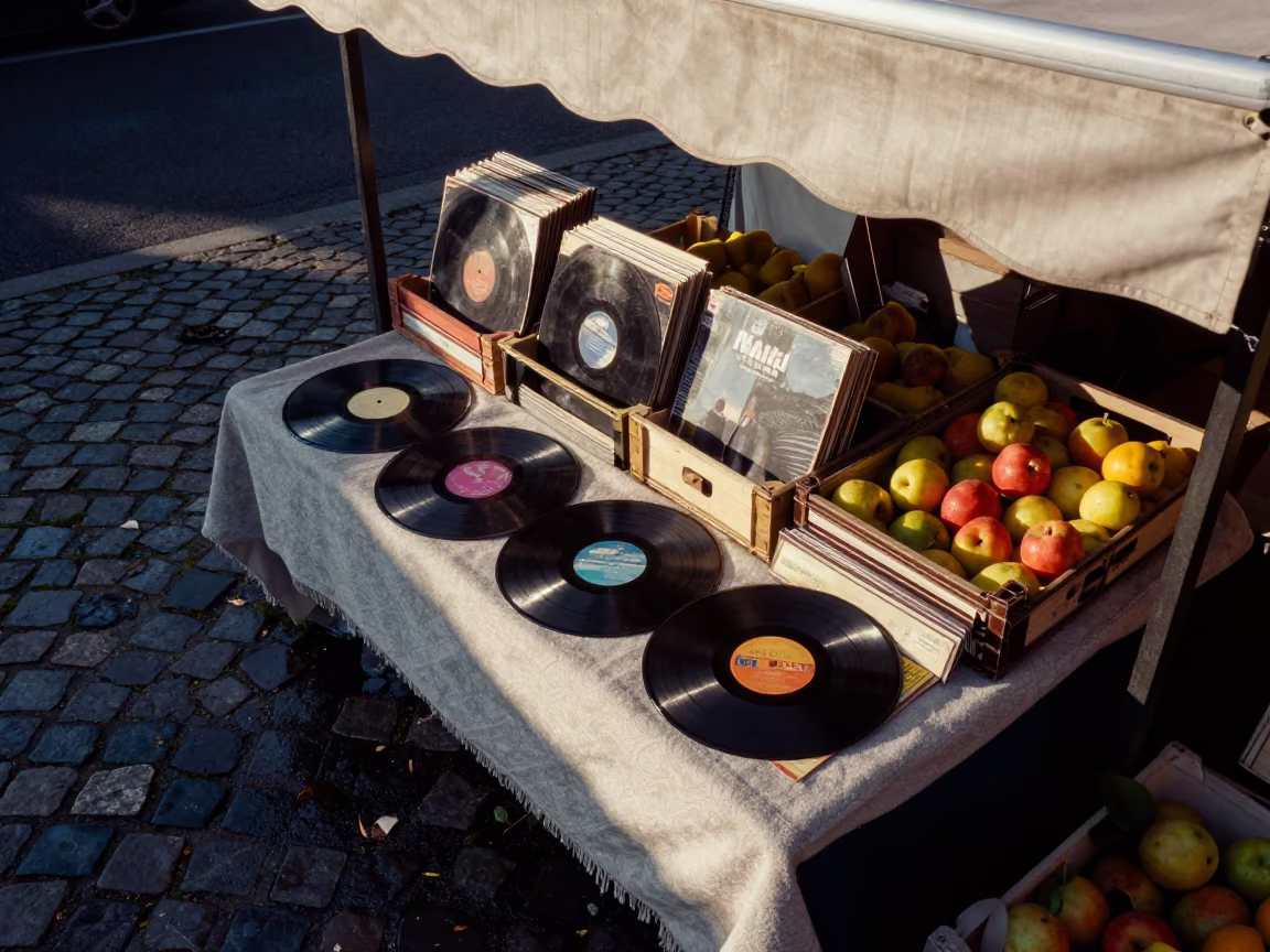 Vinyl Records Fanned on Blanket at Rennes Stand in at a roadside fruit stand in Rennes