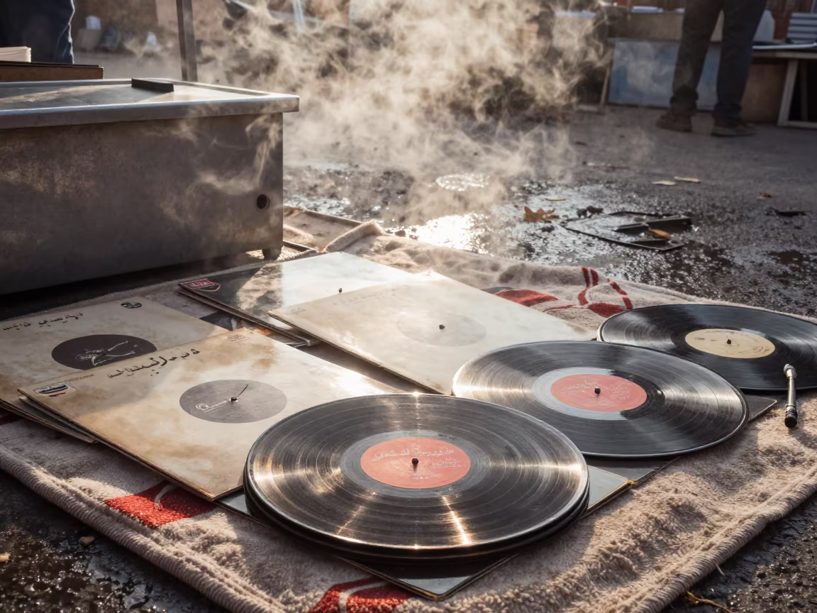 Vinyl Records Fanned at Settat Market in beside a fish counter in Settat