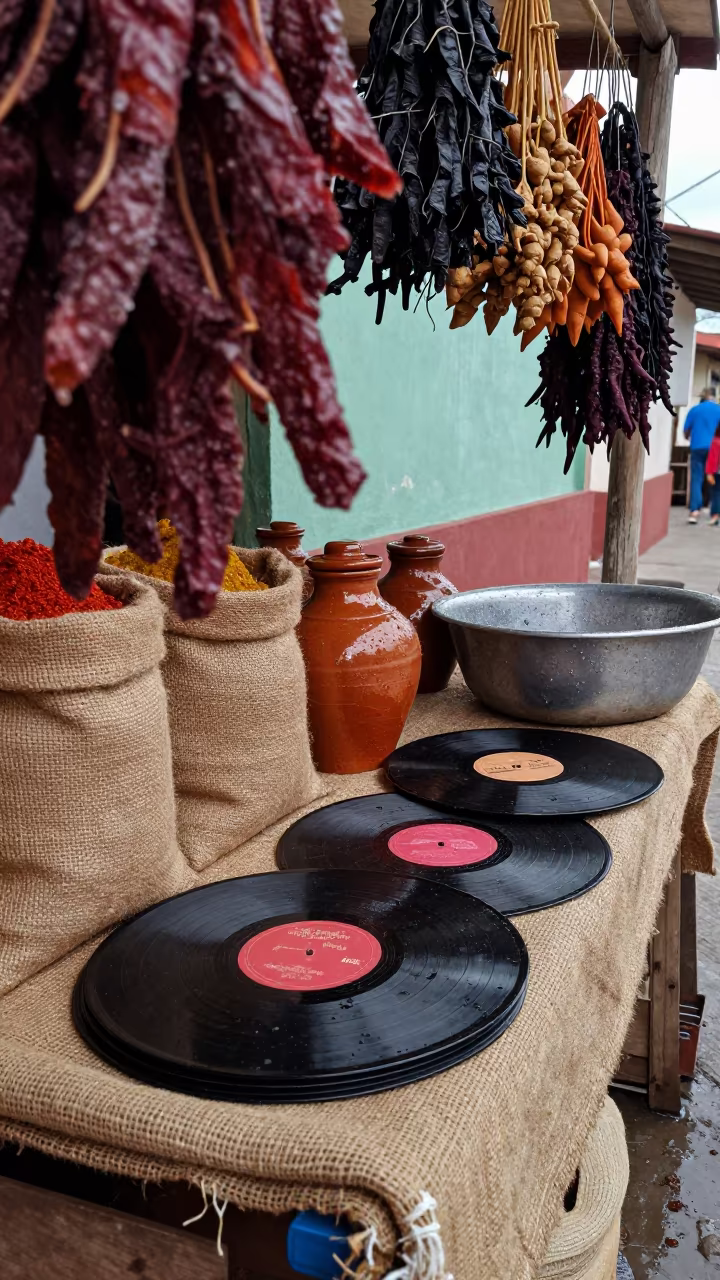 Vinyl Records on Spice Table in Ciudad Bolívar in at a spice vendor's table in Ciudad Bolívar