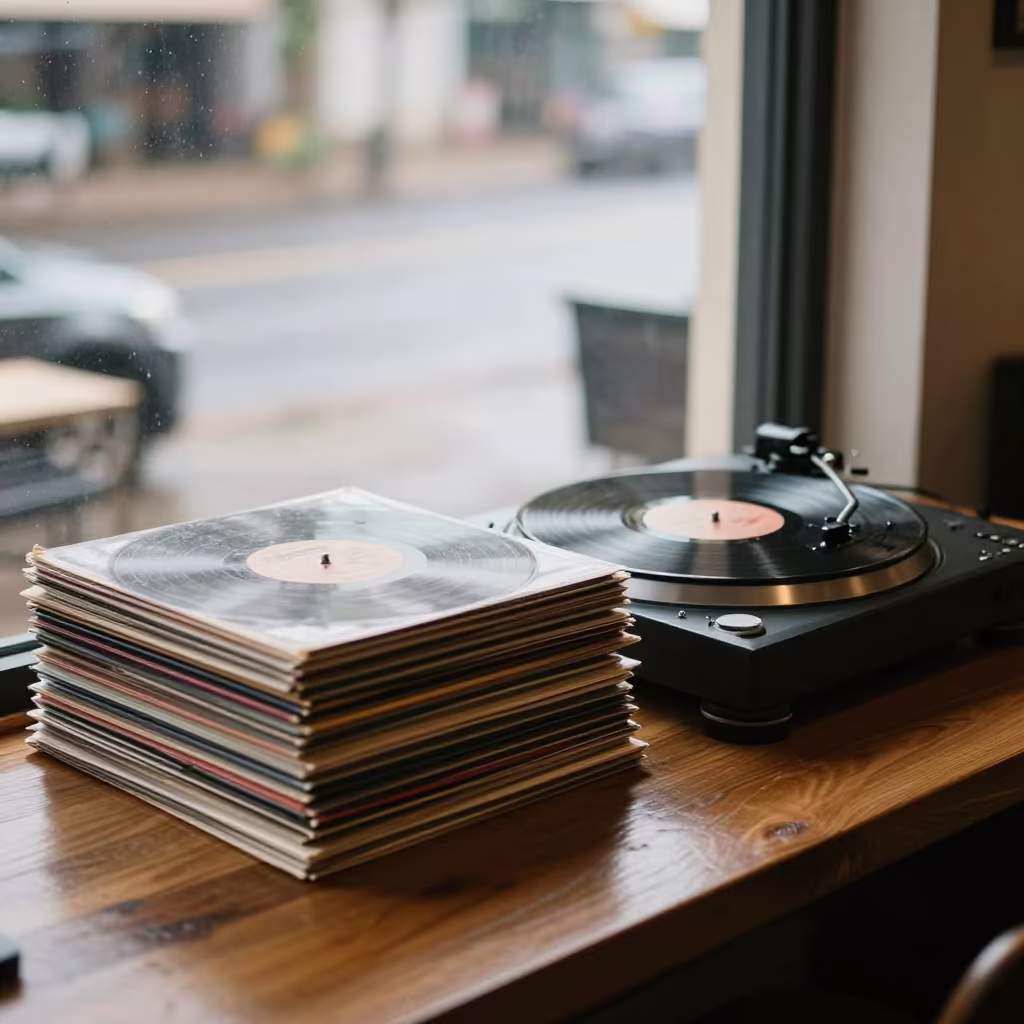 Vinyl Records and Turntable on Nairobi Cafe Table in on a cafe table by a window in Nairobi