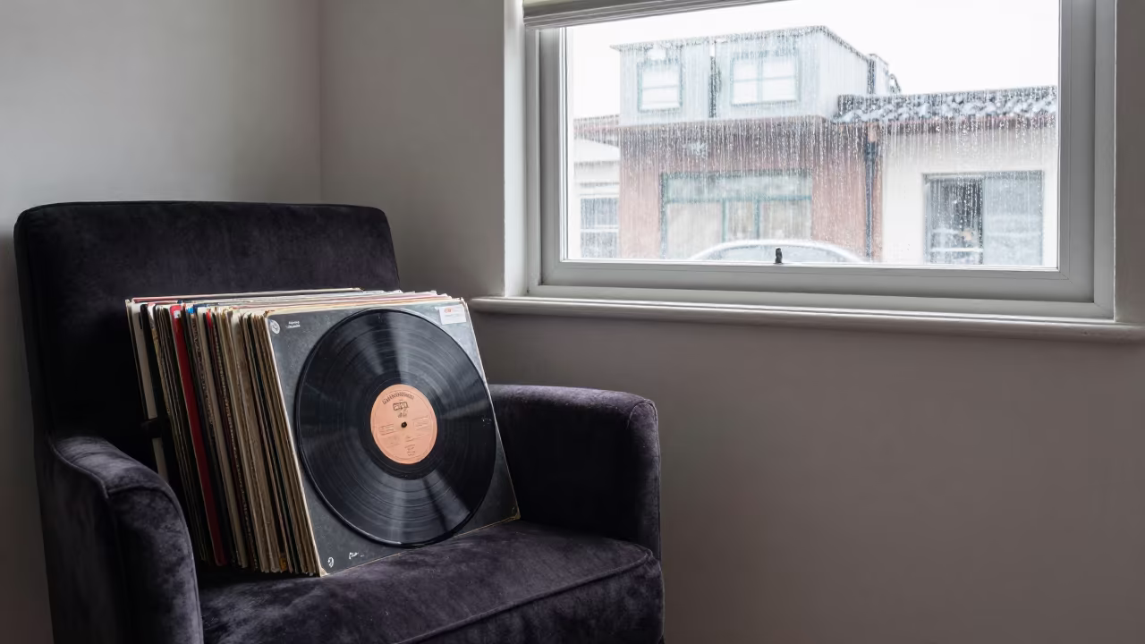 Vinyl Records on Velvet Chair Monsoon Light in on a velvet chair near Carlos Manuel de Céspedes